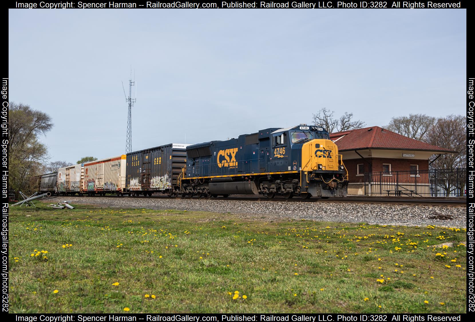 CSXT 4746 is a class EMD SD70MAC and  is pictured in Nappanee, Indiana, USA.  This was taken along the Garrett Subdivision on the CSX Transportation. Photo Copyright: Spencer Harman uploaded to Railroad Gallery on 04/11/2024. This photograph of CSXT 4746 was taken on Wednesday, April 10, 2024. All Rights Reserved. 